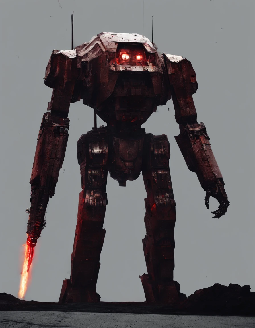 photo, aerial view, battletech style giant [ robot : full plate armor knight : 0.7 ] ), rounded shapes, (crimson blood color and gold vivid colors:1.5), chromed metal, background: spacious spaceship hangar, dramatic fire and smoke, (masterpiece), sci-fi art