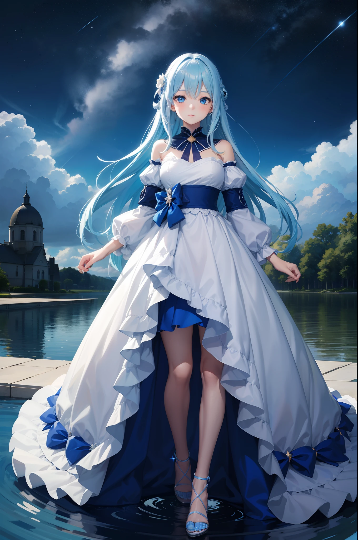 Pretty girl、4K、 masutepiece , sky blue hair , Amazing dress in blue, Light blue eyes , Night , Starry sky, Lake water, Full body portrait , Face Highlights, Auto Adjust, Optimize image quality