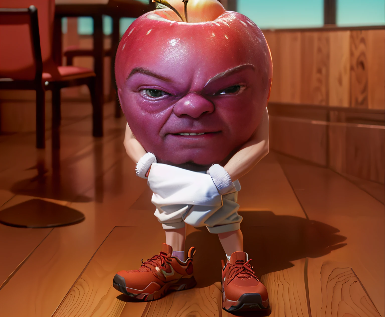 there is a cartoon character holding an apple in his hands, sentient fruit, with apple, an apple doing crossfit, an apple, tom hanks as tomato hanks mascot, holding an apple, gary oldman as a pear, as a claymation character, cider-man, cider - man, one holds apple in hand, movie cgi, giga chad, fruit celebrity, 4k, detailed, realistic, cinematic, colorful
