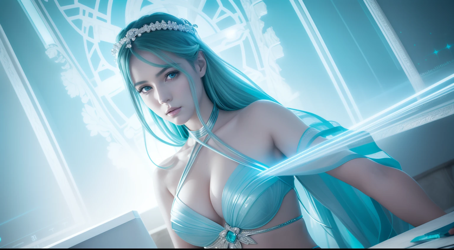 Realistic Photograph of a greek goddess girl, sci-fi, shot, centered, blue green color gel lighting, geometric shadows, glowing lights, symmetry, depth of field, intricate, elegant, highly detailed, digital painting, artstation, concept art, silver and white futuristic costume, smooth, sharp focus, illustration, as imagined by greg rutkowski and borris vallejo