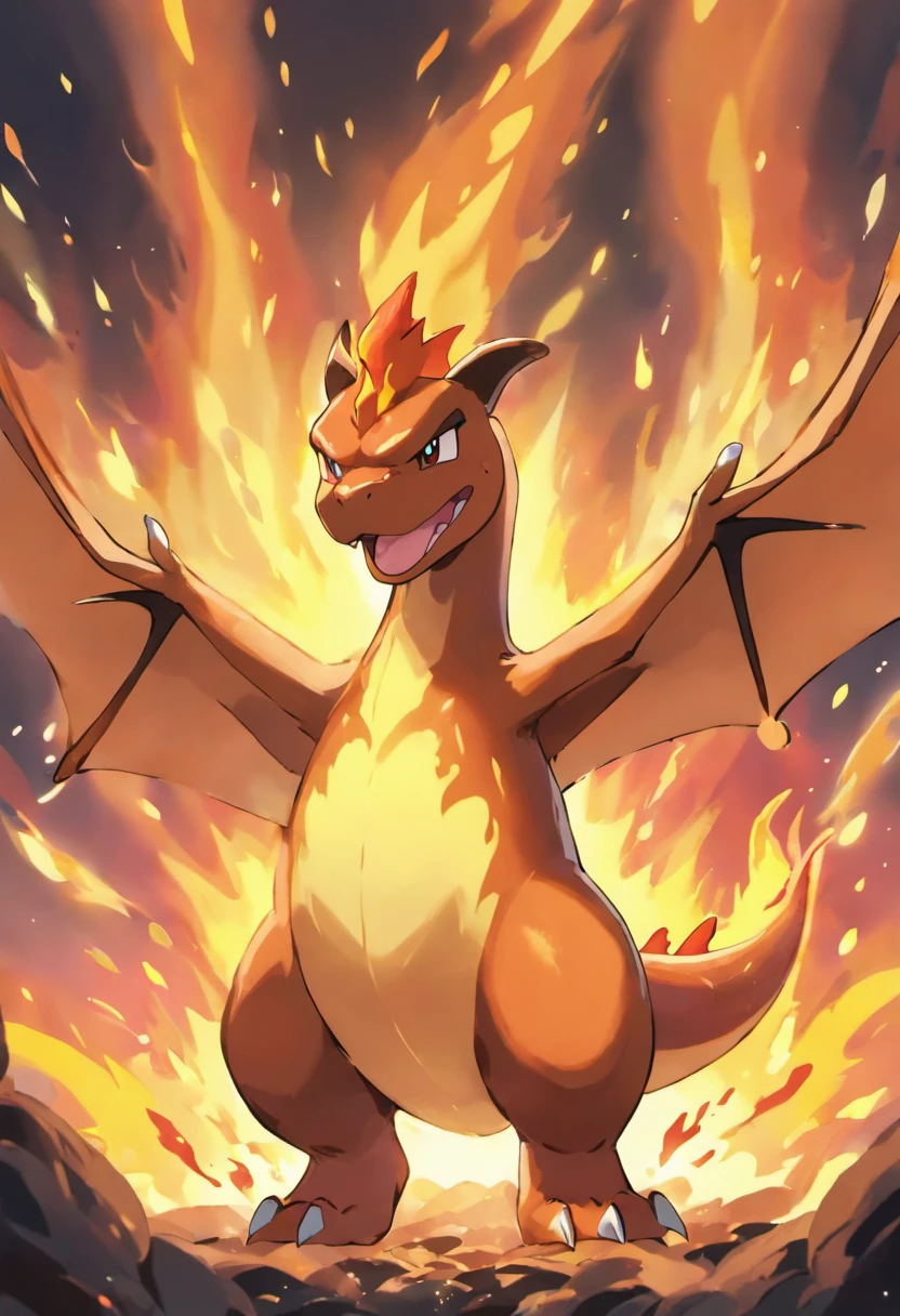 Touching scene in ultra-high definition 3D of Charizard howling in lava. Charizard, Beautifully rendered down to the smallest detail, Flames are seen violently blown into the air, Each has a wish of hope. Fiery heat, Dreamy creation, magical effect. The overall atmosphere is very intense, Lively