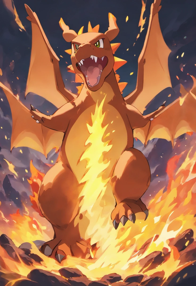 Touching scene in ultra-high definition 3D of Charizard howling in lava. Charizard, Beautifully rendered down to the smallest detail, Flames are seen violently blown into the air, Each has a wish of hope. Fiery heat, Dreamy creation, magical effect. The overall atmosphere is very intense, Lively