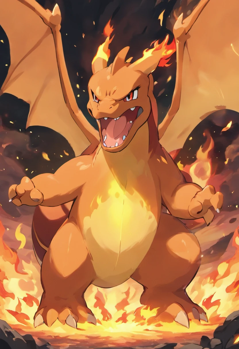 Touching scene in ultra-high definition 3D of Charizard howling in lava. Charizard, Beautifully rendered down to the smallest detail, Flames are seen violently blown into the air, Each has a wish of hope. Fiery heat, Dreamy creation, magical effect. The overall atmosphere is very intense, Lively