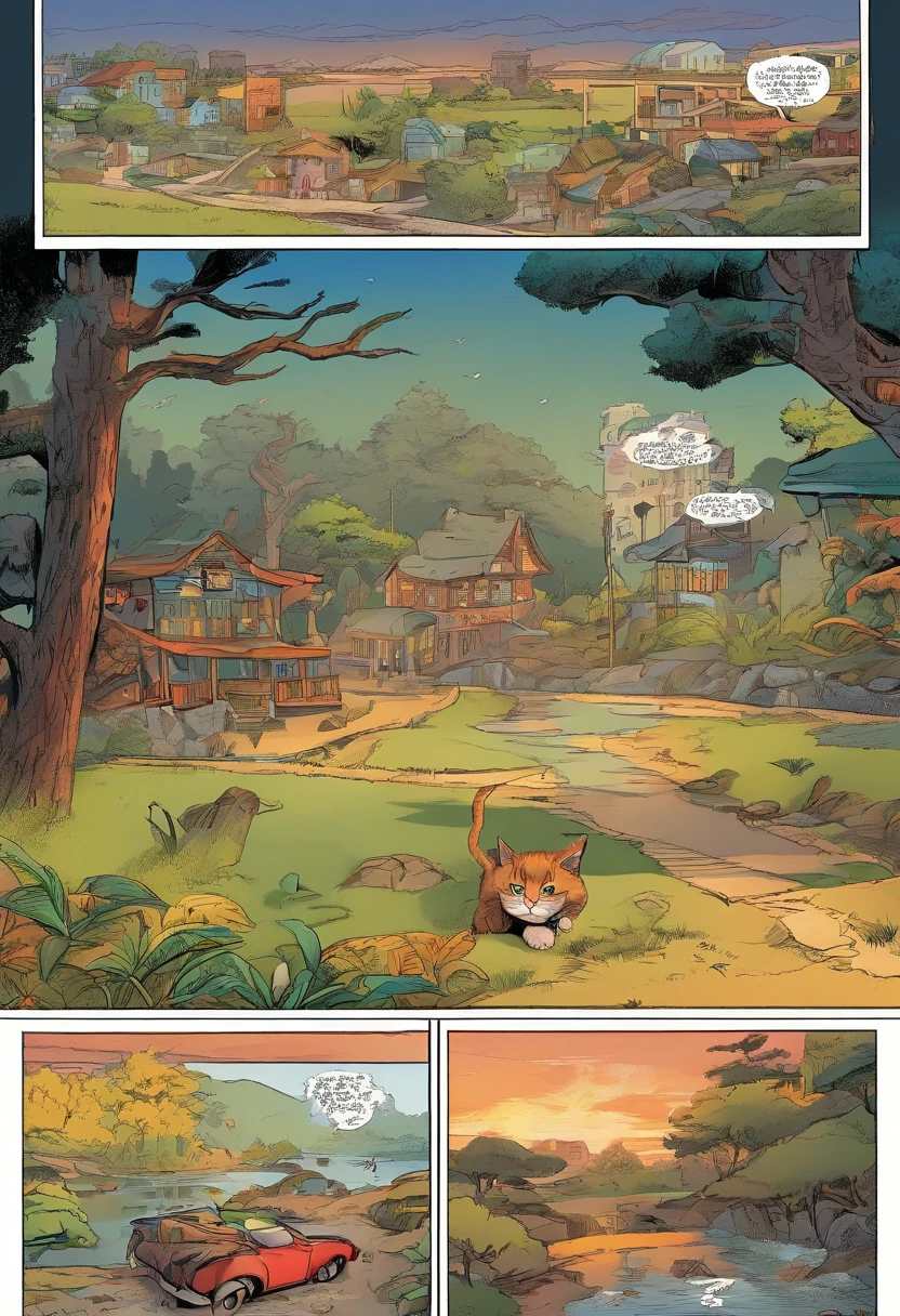 American comics, The comic story is presented in multiple irregular colored panels. American shorthair cats go through hardships when they run away from home,Then reunite with the host. The style is exaggerated and meticulous