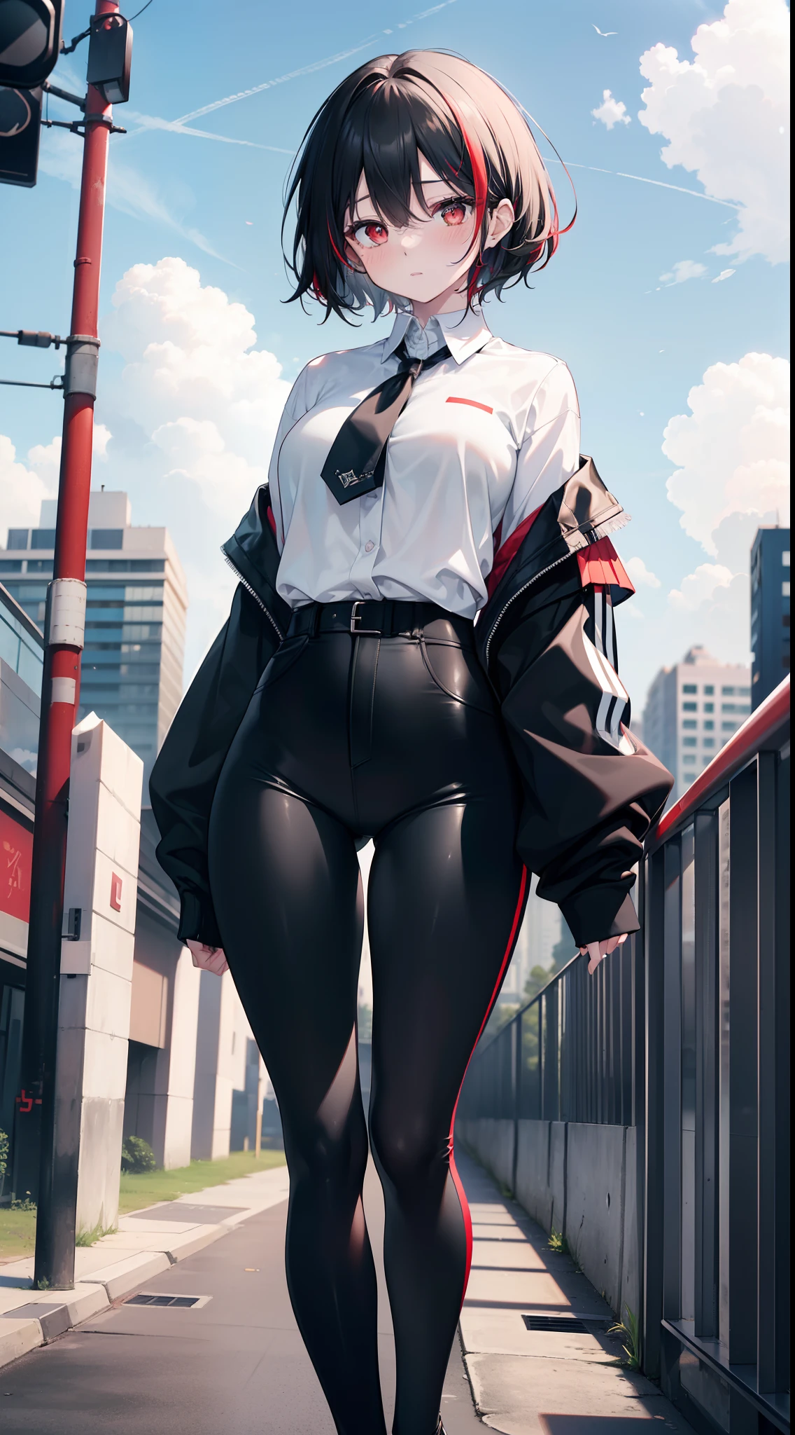 ((masterpiece)), ((best quality)), girl, ((beautiful body)), pale skin, ((red eyes)), short hair, ((painted black white hair)), ((highlights effect) in the hair)), ((long-sleeved shirt)), ((tight pants)), ((accessories on clothes)), eyebrow, ((perfect)), thin waist, ((thick legs)), ((big thigh )), ((background scenery)), ((modern world)), ((city)), (people out of focus), ((beautiful day)), (clouds), pov, ((viewer view)) , ((want to hug)), ((blush)), lustful,