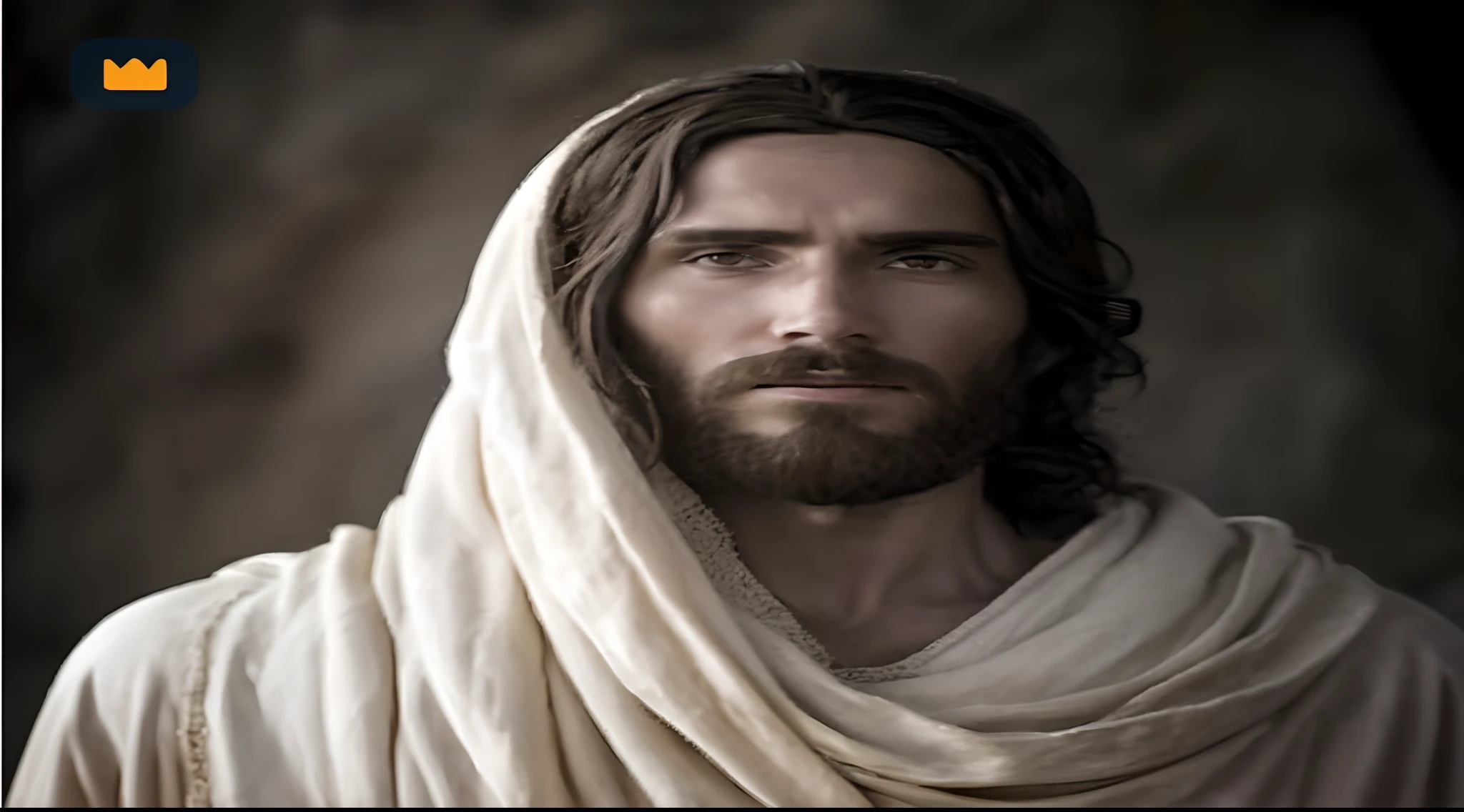A man with a beard and a white robe is looking into the camera, Jesus Cristo, Retrato de Jesus Cristo, jesus of nazareth, rosto de Jesus, Jesus, Vestido como Jesus Cristo, Rei dos Reis, O Senhor e Salvador, Jesus Gigachad, Greg Olsen, beautiful man, obra-prima muito bonita, Inside the tomb of Jesus, he is greeting you warmly