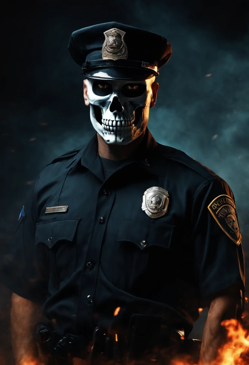 Policeman with a skull face, bright burning eyes, burning penitentiary background, ultra-detailed background Biomechanics, strange, scary, Nightmare, very bright colors, light particles, with bright light, Mshiff, Wallpaper art, Wallpaper UHD wall,