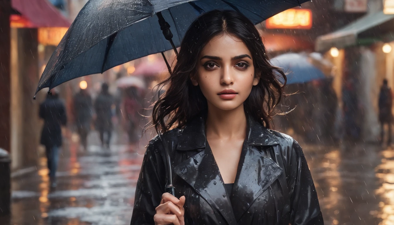 an Indian girl in a black raincoat,water pouring from top,mumbai street,sunset,golden hour,illustration,ultra-detailed,realistic,portrait,vivid colors,streetlights,damp pavements,heavy rain,reflection of lights,cityscape,dark clouds,soft golden light,blurred background,moisture,twilight,shimmering raindrops,urban scene,bokeh,city noise,umbrella,windy weather,wet hair,fast pace,gritty atmosphere,fleeting moment,wet footsteps,loneliness,quiet streets,embracing the rain