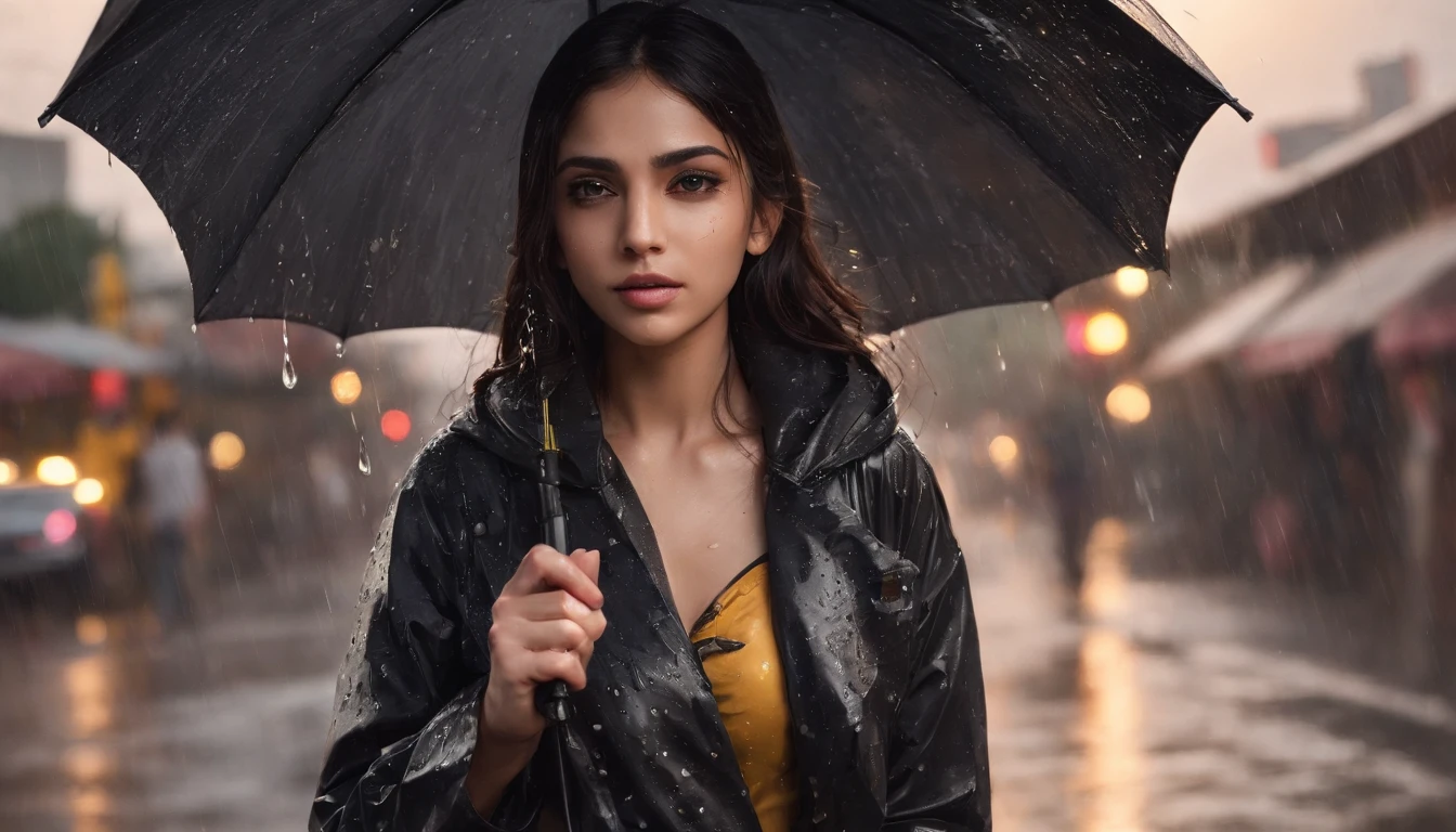 an Indian girl in a black raincoat,water pouring from top,mumbai street,sunset,golden hour,illustration,ultra-detailed,realistic,portrait,vivid colors,streetlights,damp pavements,heavy rain,reflection of lights,cityscape,dark clouds,soft golden light,blurred background,moisture,twilight,shimmering raindrops,urban scene,bokeh,city noise,umbrella,windy weather,wet hair,fast pace,gritty atmosphere,fleeting moment,wet footsteps,loneliness,quiet streets,embracing the rain