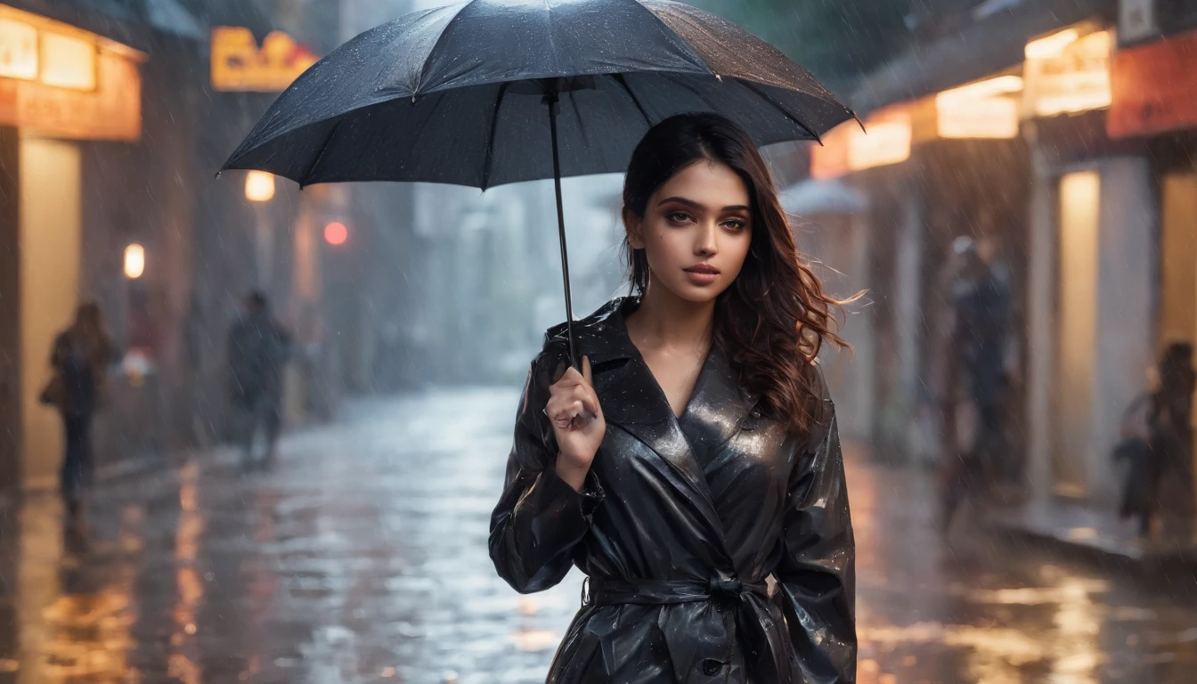 an Indian girl in a black raincoat,water pouring from top,mumbai street,sunset,golden hour,illustration,ultra-detailed,realistic,portrait,vivid colors,streetlights,damp pavements,heavy rain,reflection of lights,cityscape,dark clouds,soft golden light,blurred background,moisture,twilight,shimmering raindrops,urban scene,bokeh,city noise,umbrella,windy weather,wet hair,fast pace,gritty atmosphere,fleeting moment,wet footsteps,loneliness,quiet streets,embracing the rain
