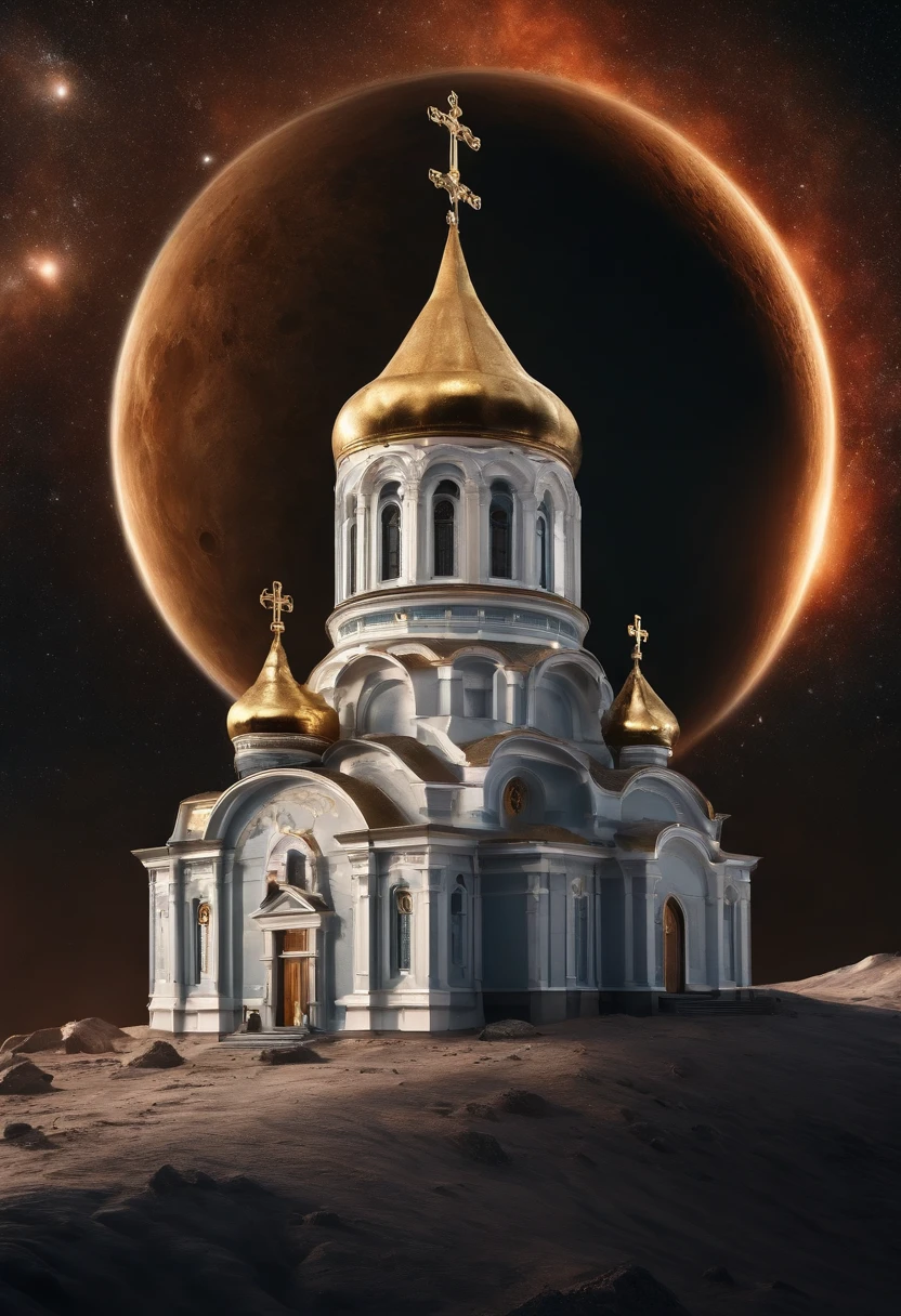 Russian Orthodox church on the surface of the asteroid Ceres, Deep space, vacuum.