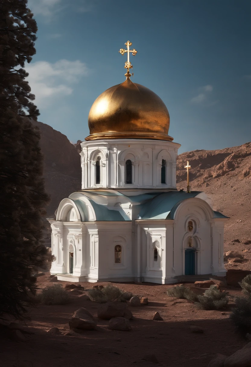 Russian Orthodox church on the surface of the asteroid Ceres, Deep space, vacuum.