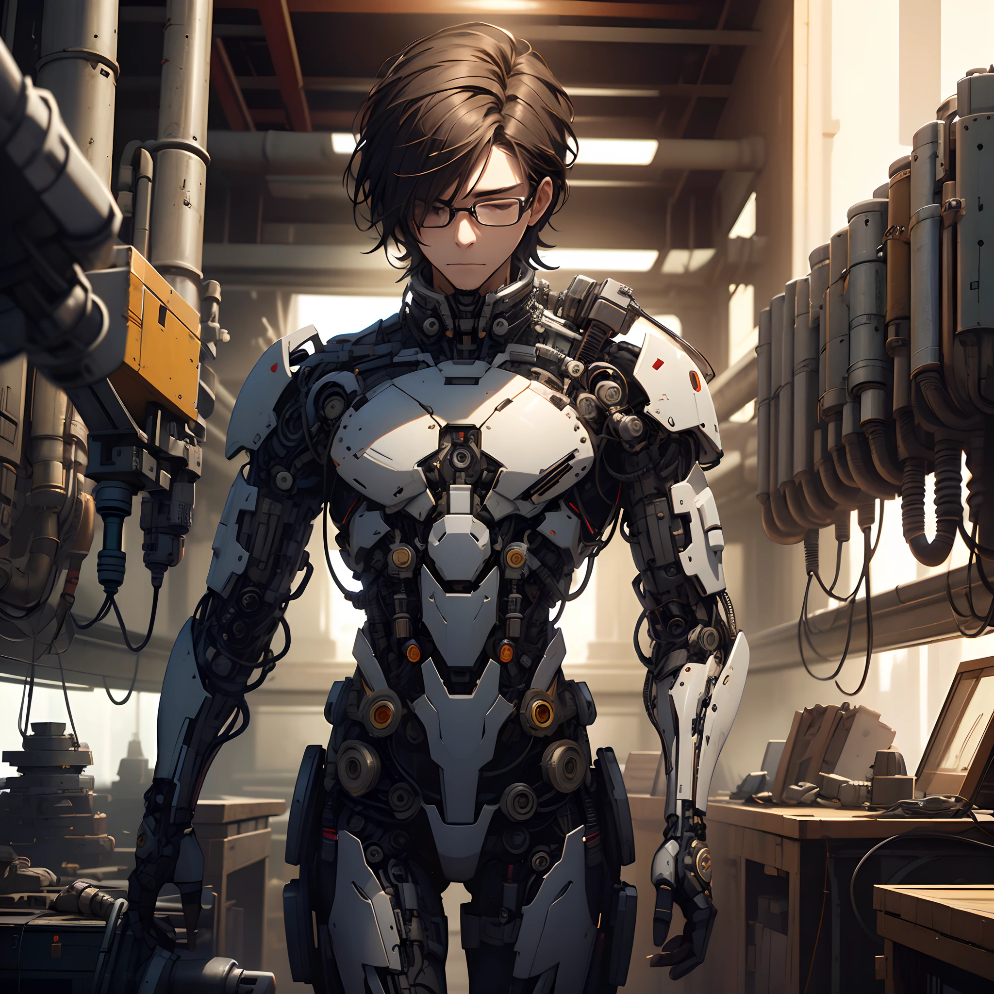 Absurd resolution, high resolution, (masterpiece: 1.4), hyper-detail, young man messy black short hair glasses welder dressed up, very technological robotic arm workbench