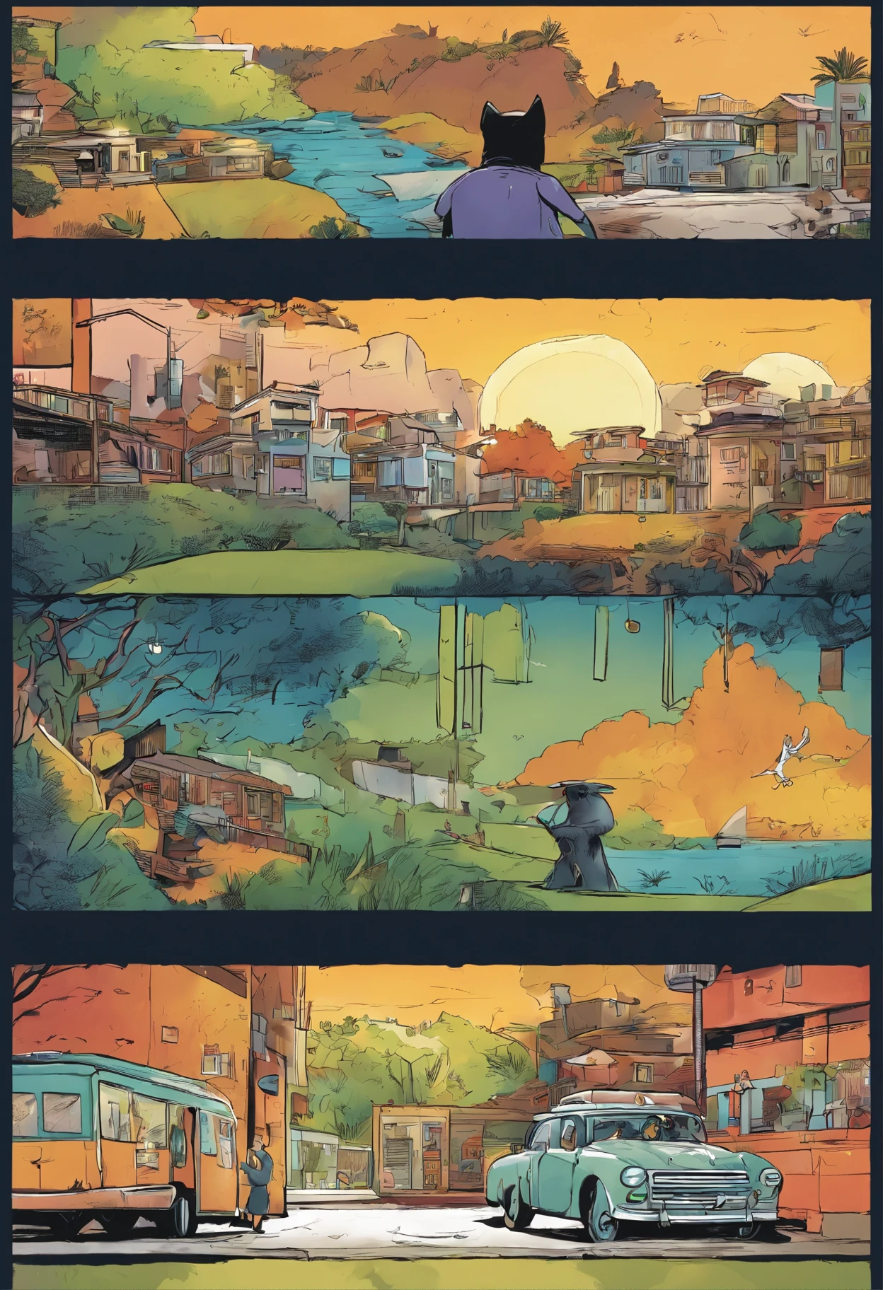 American comics, The comic story is presented in multiple irregular colored panels. American shorthair cats go through hardships when they run away from home,Then reunite with the host. The style is exaggerated and meticulous