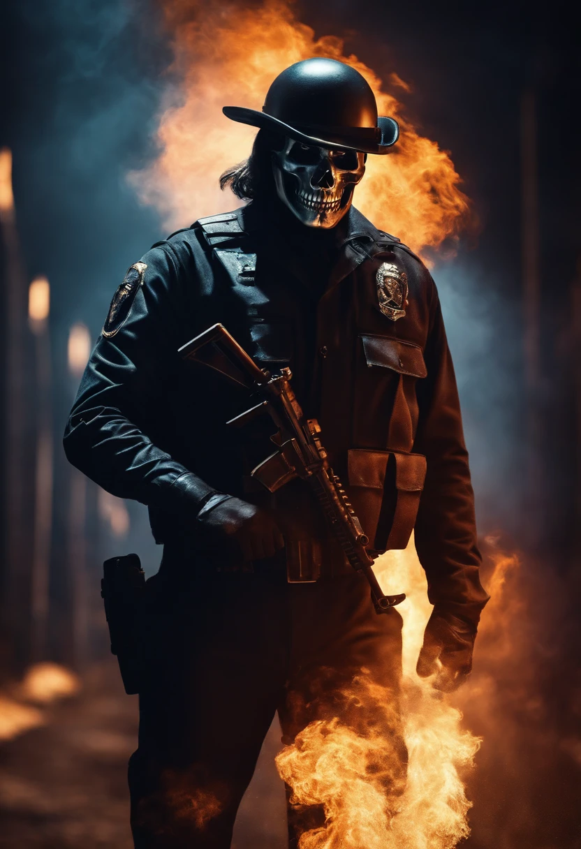 Policeman with a skull face, bright burning eyes, burning penitentiary background, ultra-detailed background Biomechanics, strange, scary, Nightmare, very bright colors, light particles, with bright light, Mshiff, Wallpaper art, Wallpaper UHD wall,