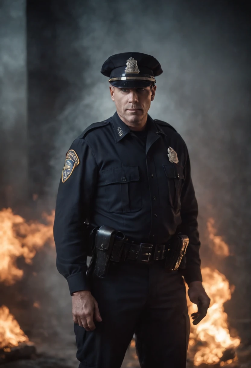 Policeman with a skull face, bright burning eyes, burning penitentiary background, ultra-detailed background Biomechanics, strange, scary, Nightmare, very bright colors, light particles, with bright light, Mshiff, Wallpaper art, Wallpaper UHD wall,