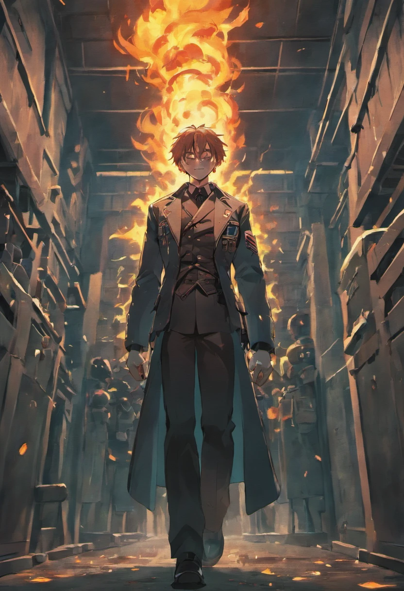 Policeman with a skull face, bright burning eyes, burning penitentiary background, ultra-detailed background Biomechanics, strange, scary, Nightmare, very bright colors, light particles, with bright light, Mshiff, Wallpaper art, Wallpaper UHD wall,