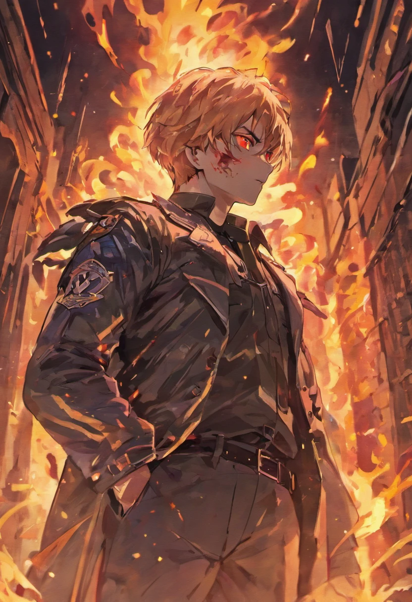 Policeman with a skull face, bright burning eyes, burning penitentiary background, ultra-detailed background Biomechanics, strange, scary, Nightmare, very bright colors, light particles, with bright light, Mshiff, Wallpaper art, Wallpaper UHD wall,