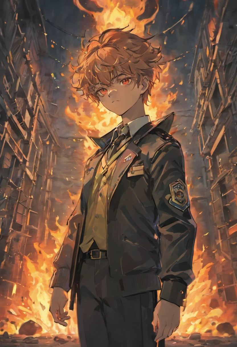 Policeman with a skull face, bright burning eyes, burning penitentiary background, ultra-detailed background Biomechanics, strange, scary, Nightmare, very bright colors, light particles, with bright light, Mshiff, Wallpaper art, Wallpaper UHD wall,