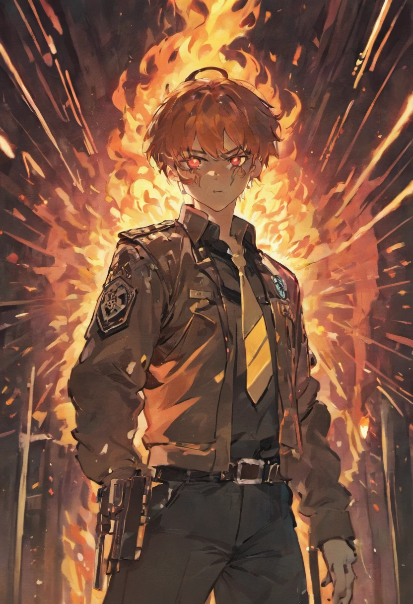 (1male:1.6),solo,male focus,25 year old,<lora:TakehisaHinawa:0.7>,(pale skin:1.3),glasses,[short hair],brown hair,brown eyes,handsome,hair in front of face,dramatic,Takehisa_Hinawa,looking at viewer,(best quality:1.4),[:intricate details:0.2],masterpiece,broad,muscular man,detailed background,semirealistic,(mood lighting:1.1),facing forward,fighting,fire force uniform,enen no shouboutai,fire force helmet,dynamic pose,fighting pose,