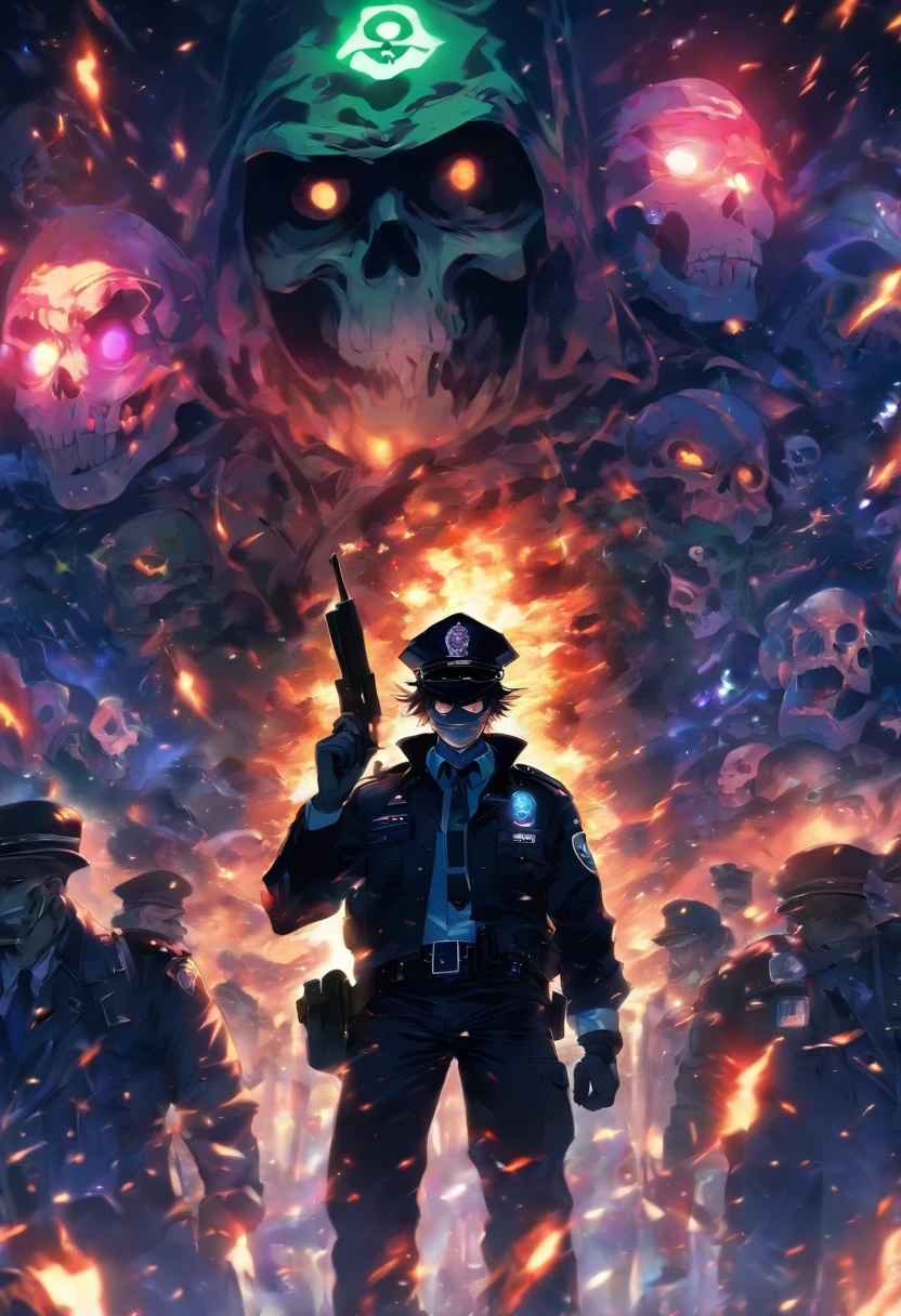 Policeman with a skull face, bright burning eyes, burning penitentiary background, ultra-detailed background Biomechanics, strange, scary, Nightmare, very bright colors, light particles, with bright light, Mshiff, Wallpaper art, Wallpaper UHD wall,