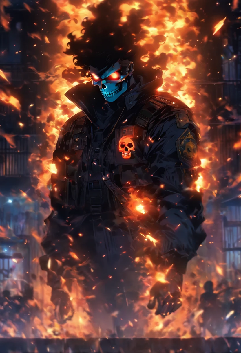 Policeman with a skull face, bright burning eyes, burning penitentiary background, ultra-detailed background Biomechanics, strange, scary, Nightmare, very bright colors, light particles, with bright light, Mshiff, Wallpaper art, Wallpaper UHD wall,