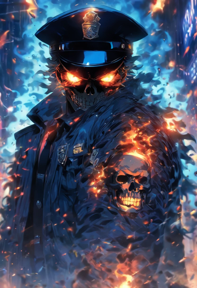 Policeman with a skull face, bright burning eyes, burning penitentiary background, ultra-detailed background Biomechanics, strange, scary, Nightmare, very bright colors, light particles, with bright light, Mshiff, Wallpaper art, Wallpaper UHD wall,
