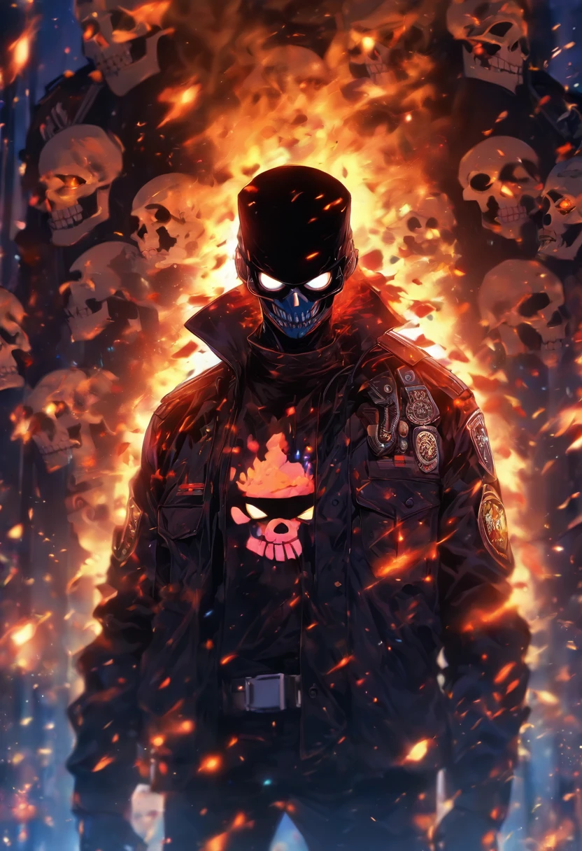 Policeman with a skull face, bright burning eyes, burning penitentiary background, ultra-detailed background Biomechanics, strange, scary, Nightmare, very bright colors, light particles, with bright light, Mshiff, Wallpaper art, Wallpaper UHD wall,