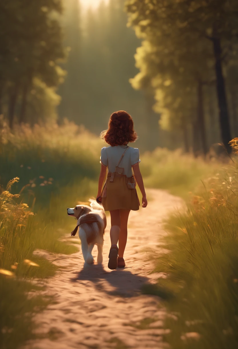 cartoon girl walking with a dog on a trail in a field, small character. unreal engine 5, animation style render, atey ghailan 8 k, childrens art in artstation, adventure hyper realistic render, adorable digital painting, cute 3 d render, cute detailed digital art, female explorer mini cute girl, inspired by Atey Ghailan