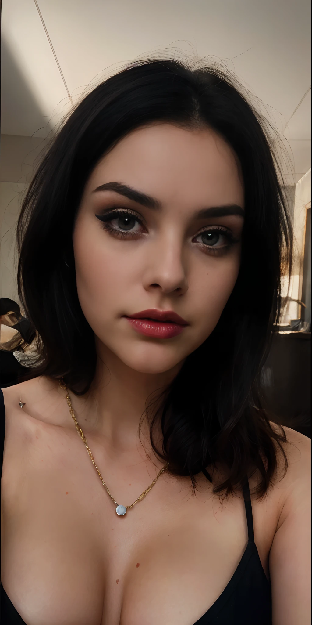 A up close selfie photo of a half irish half venusian 22 year old white skin, dark black hair, showing cleavage, ultra detailed, dramatic, atmospheric, Masterpiece cinematic, clarity, 16mm, color graded portra 400 film, remarkable color, lip gloss, eyeliner, deep eyes, mesmerizing look