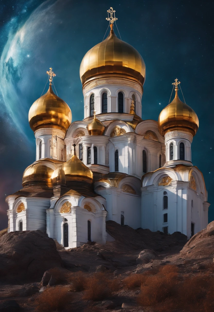 Russian Orthodox church on the surface of an asteroid, Deep space, vacuum.