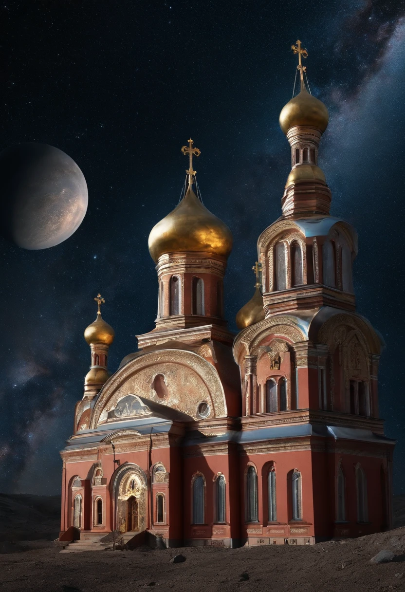Russian Orthodox church on the surface of an asteroid, Deep space, vacuum.