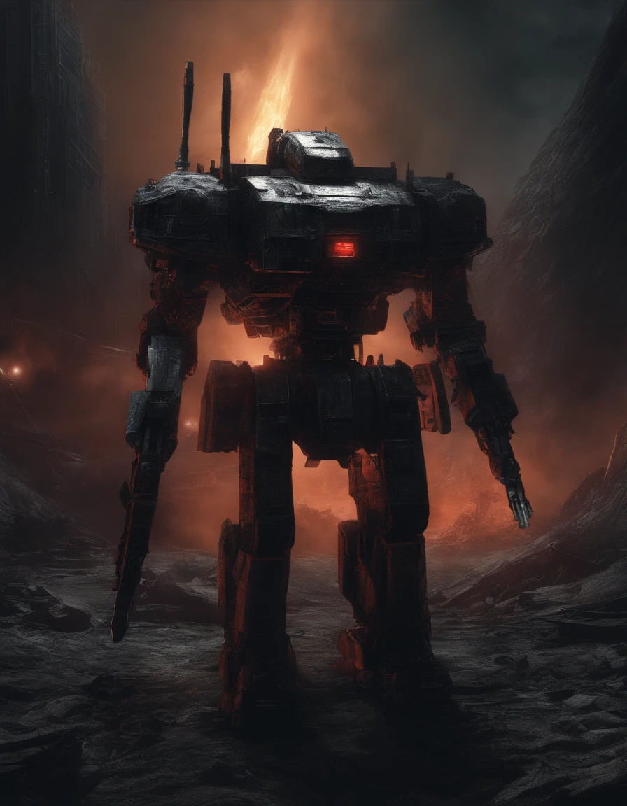 photo, aerial view, battletech style giant [ robot : full plate armor knight : 0.7 ] ), (organic desing:1.5), (big guns), (crimson blood color and gold vivid colors:1.5), red glowning headlights, chromed metal, background: spacious spaceship hangar, dramatic fire and smoke, (masterpiece), sci-fi art