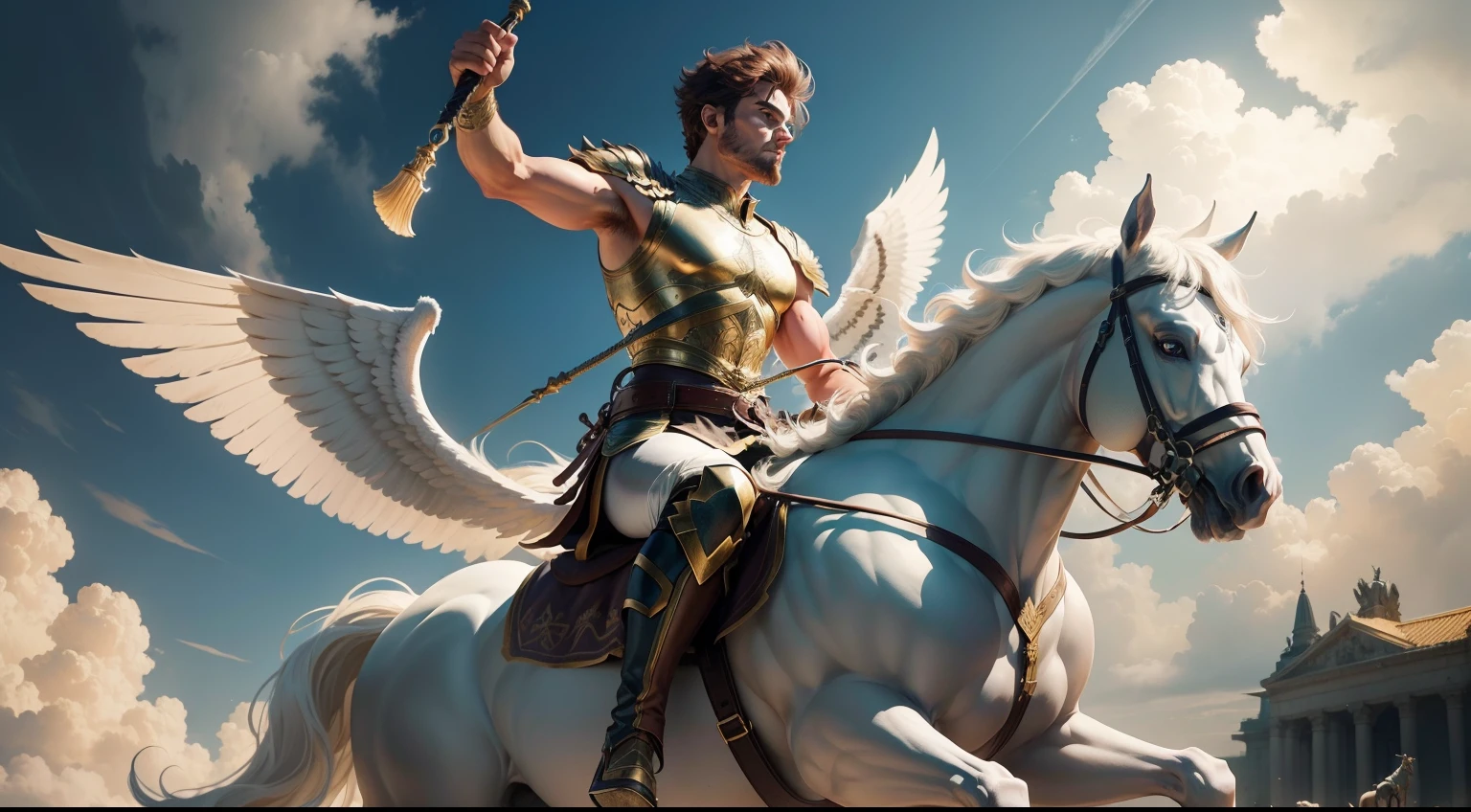 Generate an image of the hero Bellerophon, riding the winged horse Pegasus, with a heroic and determined expression, as he prepares to face the Chimera in an epic battle.