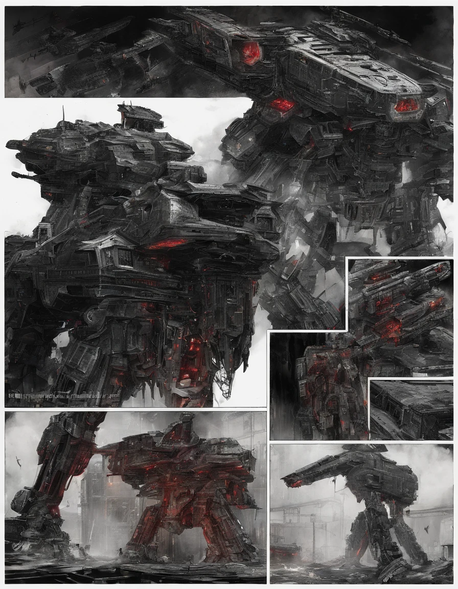photo, aerial view, battletech style giant [ robot : full plate armor knight : 0.7 ] ), (organic desing:1.5), (big guns), (crimson blood color and gold vivid colors:1.5), red glowning headlights, chromed metal, background: spacious spaceship hangar, dramatic fire and smoke, (masterpiece), sci-fi art