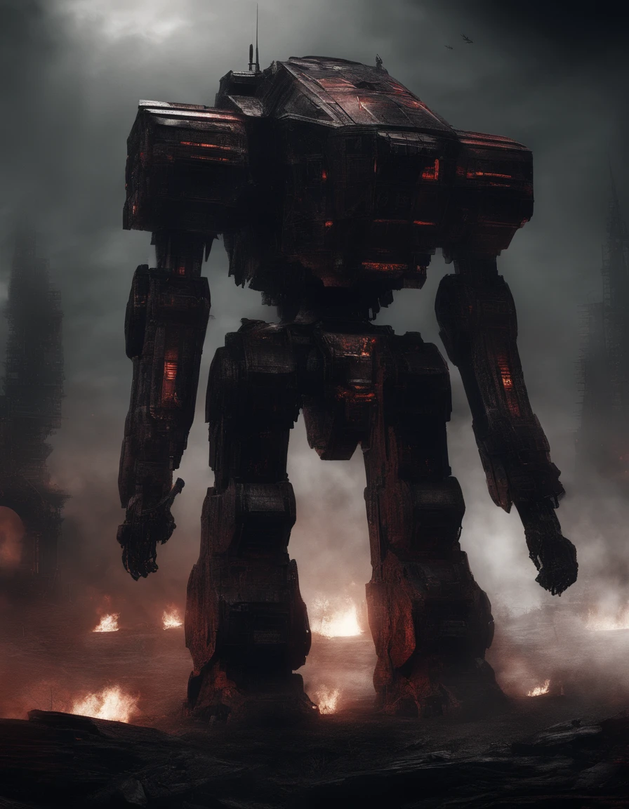 photo, aerial view, battletech style giant [ robot : full plate armor knight : 0.7 ] ), (organic desing:1.5), (big guns), (crimson blood color and gold vivid colors:1.5), red glowning headlights, chromed metal, background: spacious spaceship hangar, dramatic fire and smoke, (masterpiece), sci-fi art