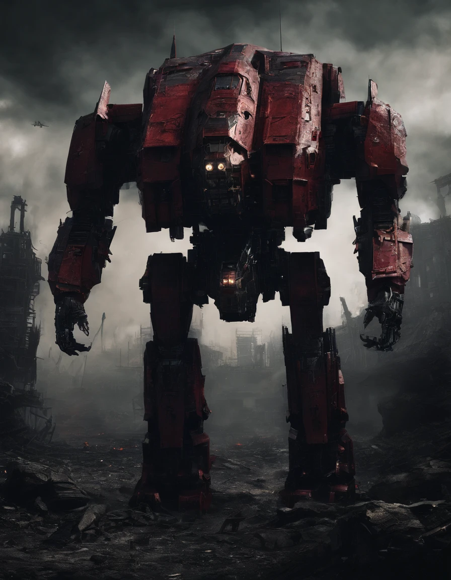 photo, aerial view, battletech style giant [ robot : full plate armor knight : 0.7 ] ), (organic desing:1.5), (big guns), (crimson blood color and gold vivid colors:1.5), red glowning headlights, chromed metal, background: spacious spaceship hangar, dramatic fire and smoke, (masterpiece), sci-fi art