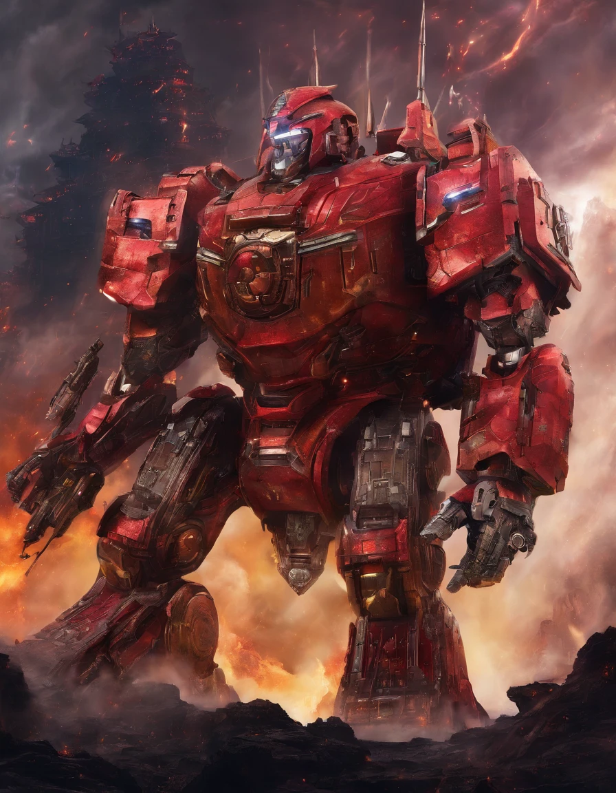 photo, aerial view, battletech style giant [ robot : full plate armor knight : 0.7 ] ), (organic desing:1.5), (big guns), (crimson blood color and gold vivid colors:1.5), red glowning headlights, chromed metal, background: spacious spaceship hangar, dramatic fire and smoke, (masterpiece), sci-fi art