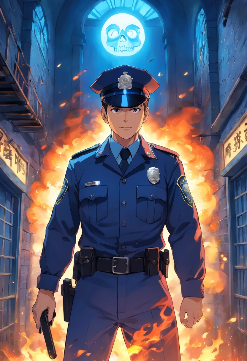 Policeman with a skull face, bright burning eyes, burning penitentiary background, ultra-detailed background Biomechanics, strange, scary, Nightmare, very bright colors, light particles, with bright light, Mshiff, Wallpaper art, Wallpaper UHD wall,