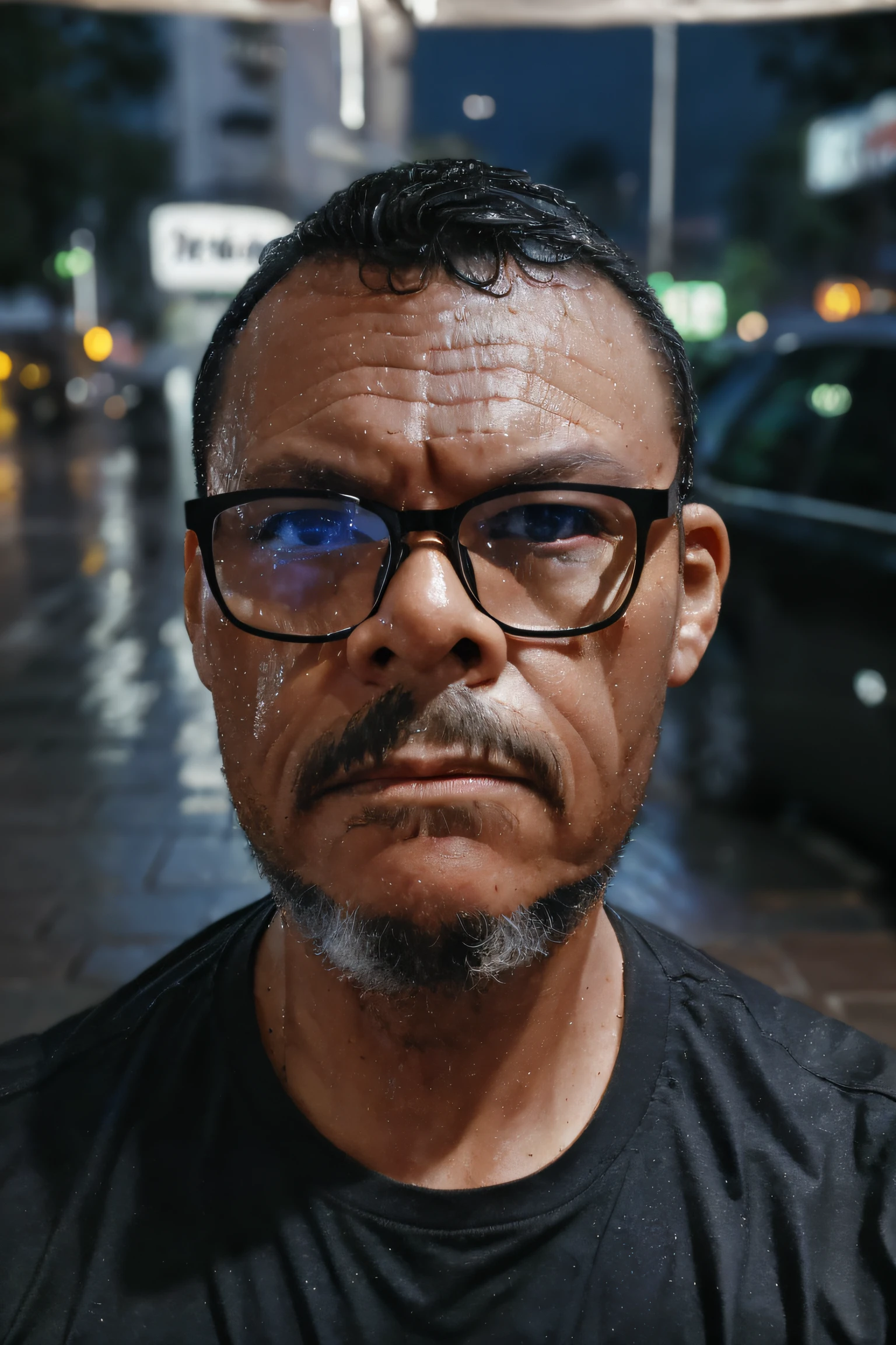 a raw photograph of a man, captured from the waist up, wearing glasses and trying to shield himself from the rain. He is completely drenched, with his entire body soaked, standing in a rainy nighttime street. The focus should be on his face, which should be highly detailed (Face detailed:1.3) and hyper-realistic (Hiper-realista e hiper-detalhado:1.3). Use street lighting with chiaroscuro illumination to create dramatic contrasts. Render the image in 8k resolution to emphasize fine details, such as the raindrops and the wet surfaces.