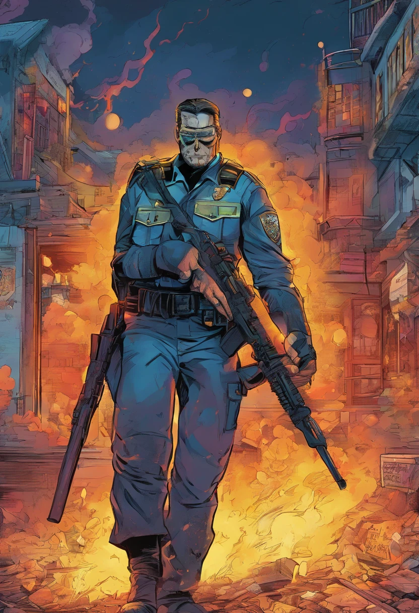 Policeman with a skull face, bright burning eyes, burning penitentiary background, ultra-detailed background Biomechanics, strange, scary, Nightmare, very bright colors, light particles, with bright light, Mshiff, Wallpaper art, Wallpaper UHD wall,