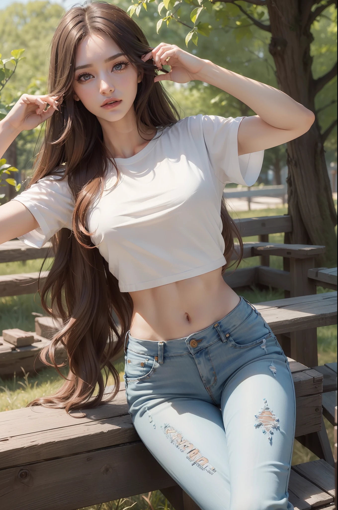 (Best quality, 8k, Masterpiece :1.3), (realistic, photorealistic: 1.37), (Pretty woman in her 20s), (slim), (emphasizing slender abs :1.3),(white t shirt and skinny jeans ), (random pose), (long brown colour hair, random hairstyle), (Soft breasts :1.3), (perfect body figure), (pale skin), (outdoors), (Ultra-detailed face), (Detailed eyes), (Double eyelids), (eyeshadow intensifying), (many eyelashes), (long legs), (professional lighting), (photon mapping), (radiosity), (looking directly at viewer)