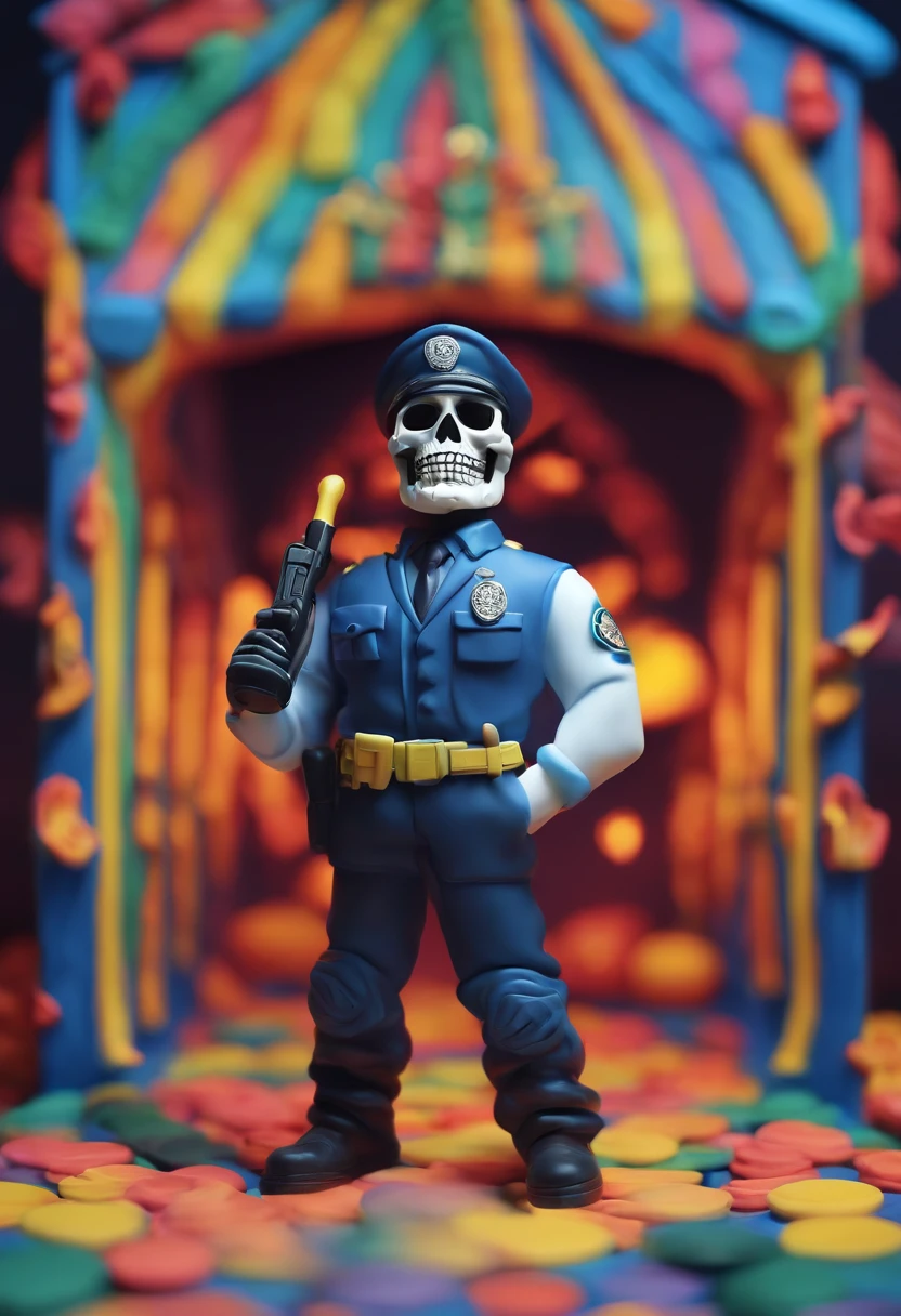 Policeman with a skull face, bright burning eyes, burning penitentiary background, ultra-detailed background Biomechanics, strange, scary, Nightmare, very bright colors, light particles, with bright light, Mshiff, Wallpaper art, Wallpaper UHD wall,