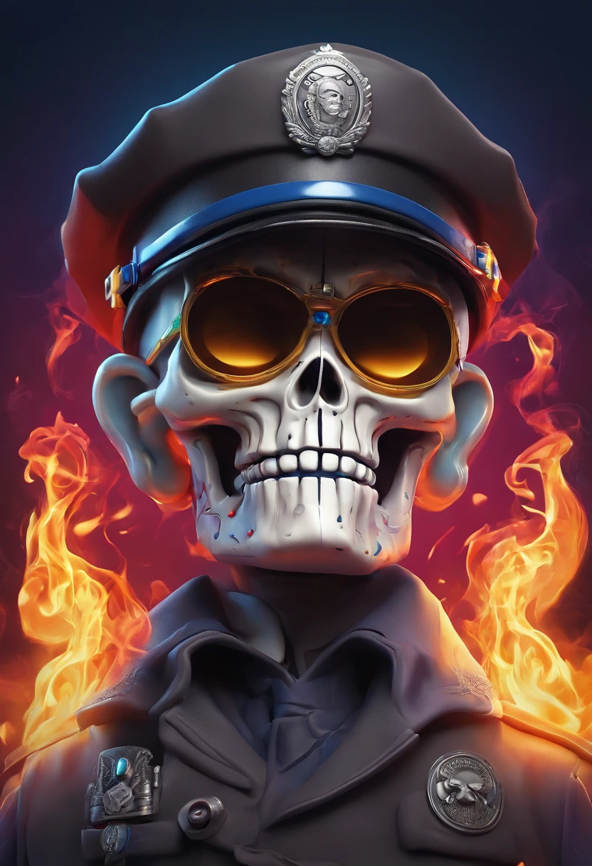 Policeman with a skull face, bright burning eyes, burning penitentiary background, ultra-detailed background Biomechanics, strange, scary, Nightmare, very bright colors, light particles, with bright light, Mshiff, Wallpaper art, Wallpaper UHD wall,