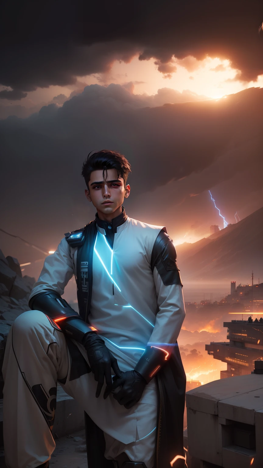 Hyper eyes stylish oily hair sleeved body cyber cinematic quality dinemic ultra realistic without face change Pakistani boy sci-fi cinematic lighting blur effects portrait