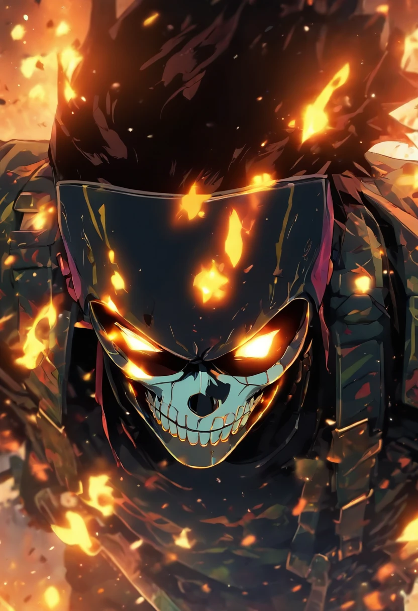 Policial com rosto de caveira, olhos brilhantes e ardentes, Penitentiary fund on fire, Ultra-detailed background Biomechanics, estranho, assustador, pesadelo, cores muito brilhantes, light particles, com luz brilhante, Mshiff, Arte do papel de parede, Parede UHD de papel de parede,