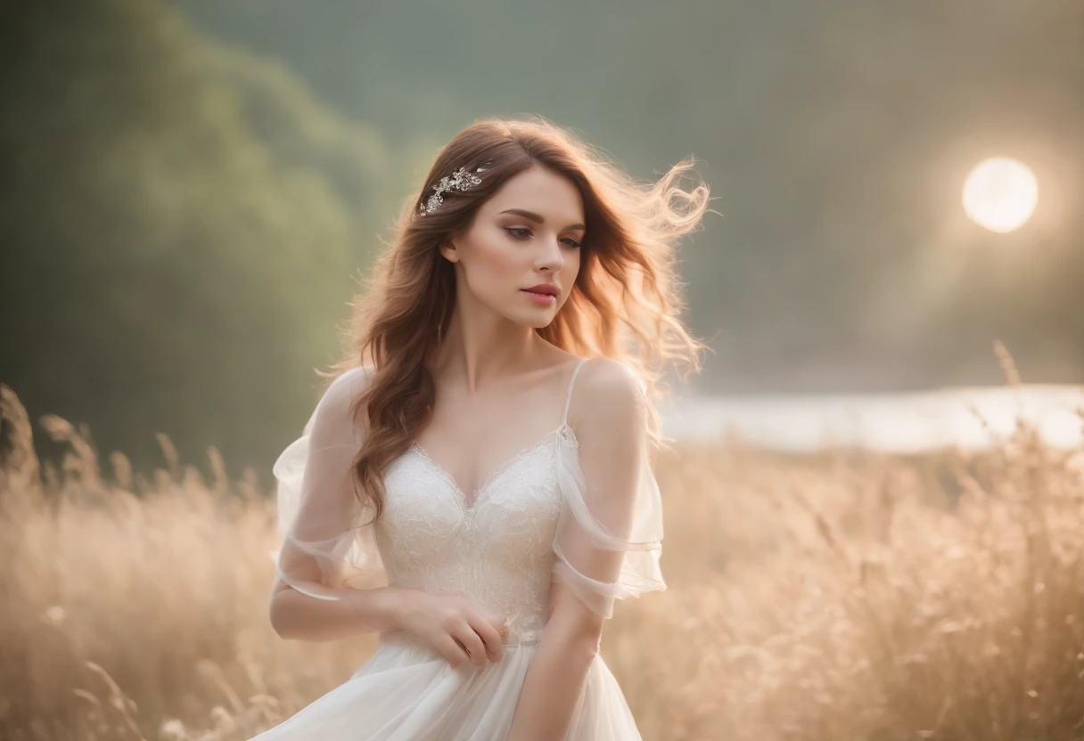 príncesa elfa, cabelo branco, The beauty of Wonderland,Bright and agile,Delicate drawing technique,The interlacing of various colors,Dancing light and shadow effects,Full of magical atmosphere,Intoxicante。fundo encantador e desfocado