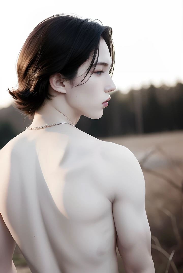 White skin like porcelain、Dark hair、Eastern European Wind Prince、Grasslands and forests are green、Lips are💋、There is a beautiful young man、the nose is high、Blue eyes、Like a young man、Forests and steppes should be green、hair is long、Beautify the background with color、Beautiful youth、For a cinematic masterpiece