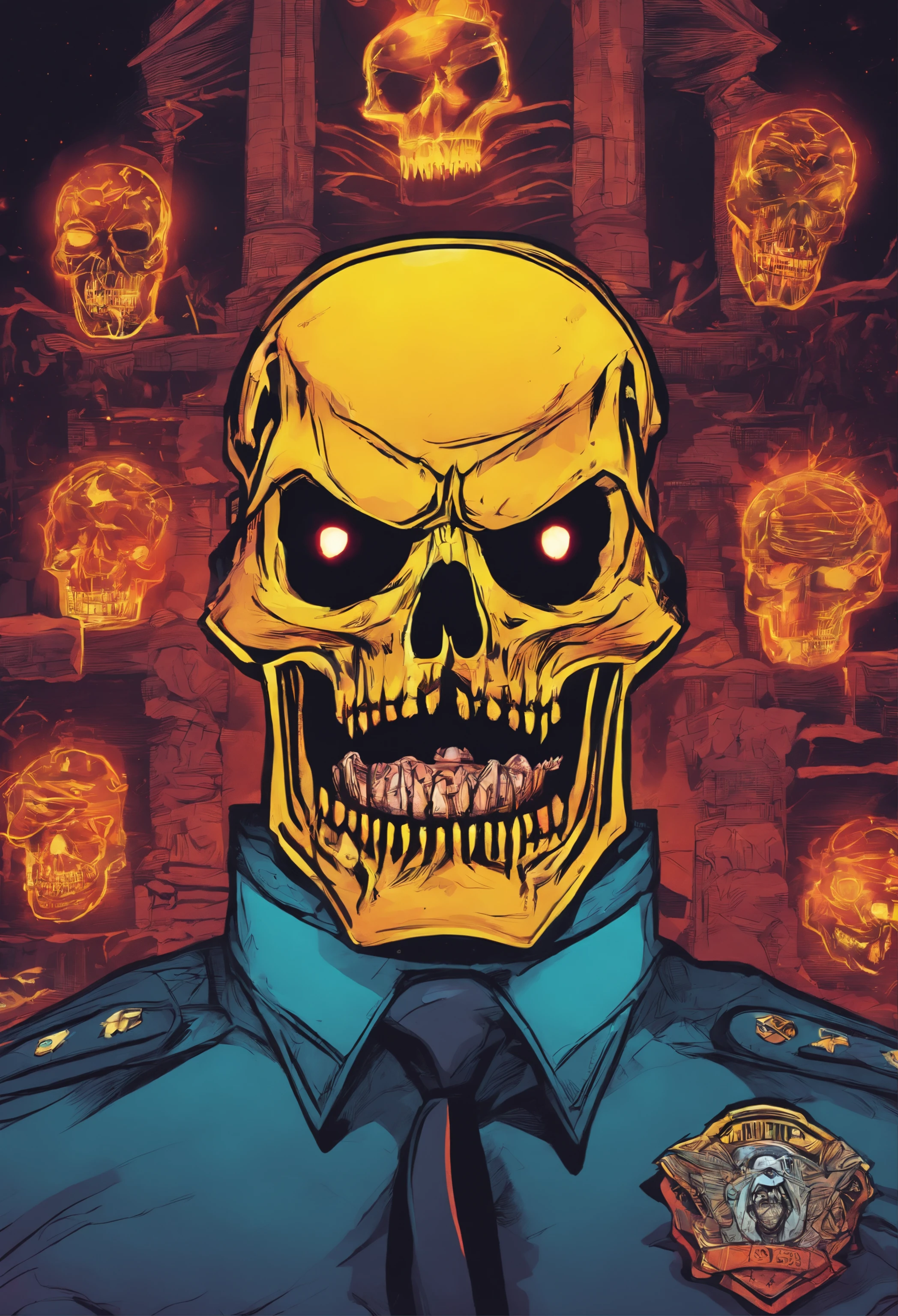 Policeman with a skull face, bright burning eyes, burning penitentiary background, ultra-detailed background Biomechanics, strange, scary, Nightmare, very bright colors, light particles, with bright light, Mshiff, Wallpaper art, Wallpaper UHD wall,
