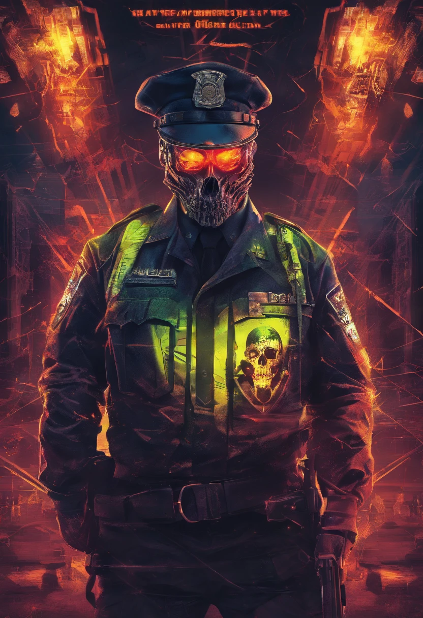 Policeman with a skull face, bright burning eyes, burning penitentiary background, ultra-detailed background Biomechanics, strange, scary, Nightmare, very bright colors, light particles, with bright light, Mshiff, Wallpaper art, Wallpaper UHD wall,